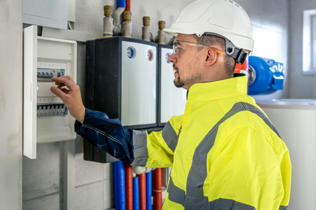 Electrical technician looking focused while working in a switchboard with fuses .jpg